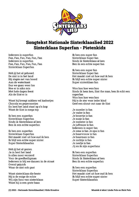 Songtekst Nationale Sinterklaaslied 2022 Sinterklaas Superfan