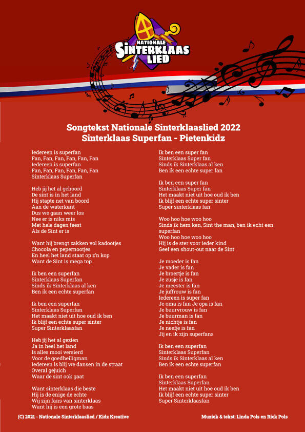 Songtekst Nationale Sinterklaaslied 2022 Sinterklaas Superfan!