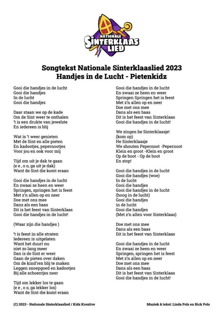 Songtekst Nationale Sinterklaaslied 2023 Handjes in de Lucht