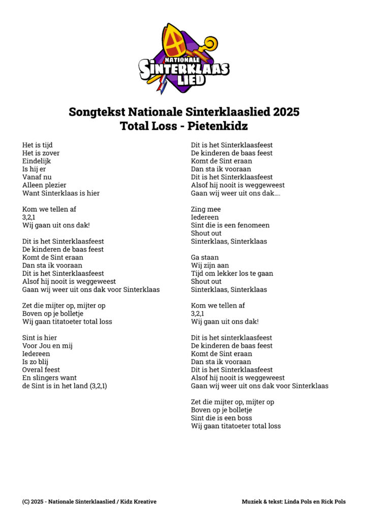 Nationale Sinterklaaslied Total Loss 2025 - songtekst zw/wt